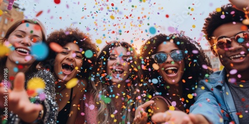 Party of happy young people with cocktails. Friends having fun on the beach. Generative AI.