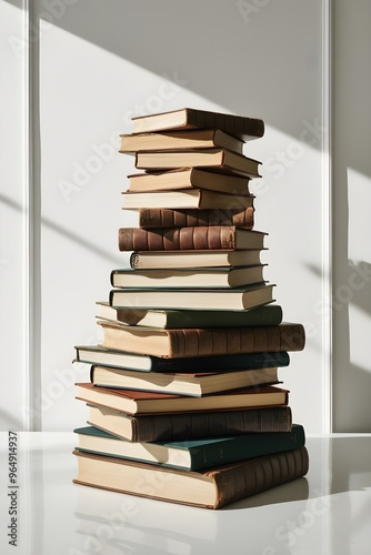 
A neatly stacked group of colorful books, placed on top of each other, isolated on a clean white background, showcasing various covers and sizes