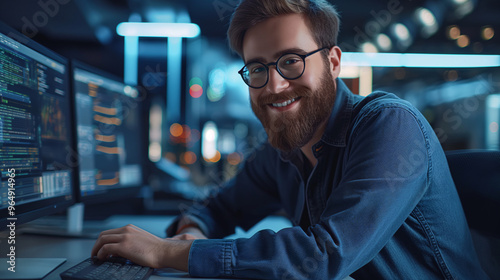 Businessman in Office with Bar Chart on Screen