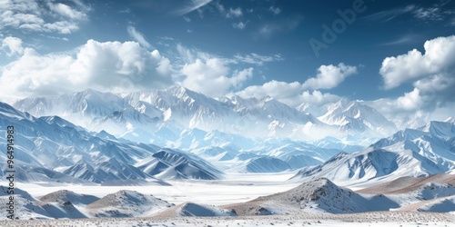 Panoramic view of snow mountains range landscape. Generative AI.