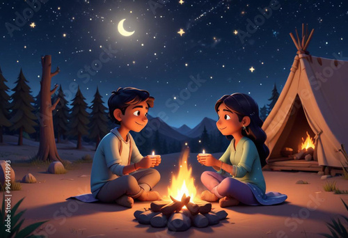 Comic A young Indian couple sitting on the ground under a starry night sky