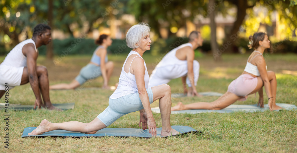 Obraz premium Yoga for people of different ages - elderly woman practicing different yoga poses together in summer park