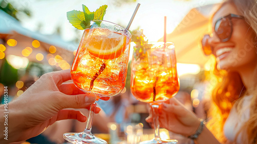 Two people are holding up glasses of a drink, smiling and enjoying themselves