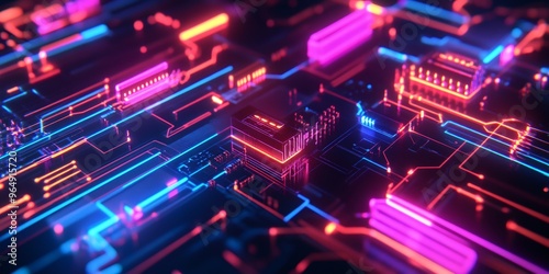 Wallpaper Mural Abstract glowing neon circuit board with pink and blue lights. Torontodigital.ca