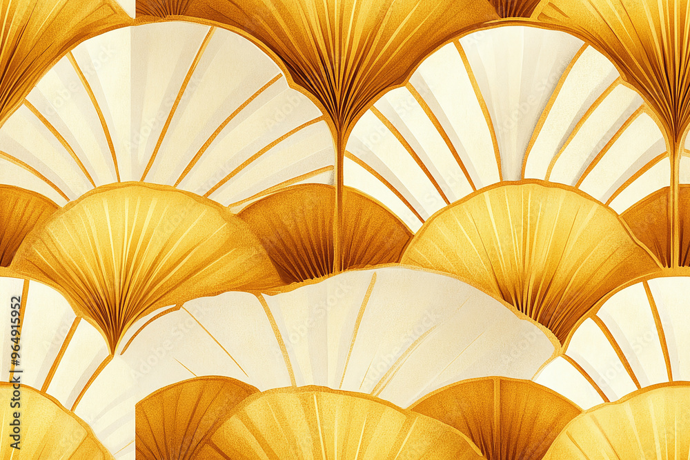 Seamless wallpaper pattern of art deco inspired fan shapes in gold and cream, reflecting the 90s revival of vintage styles Seamless wallpaper pattern of art deco inspired fan shapes in gold and cream, reflecting the 90s revival of vintage styles