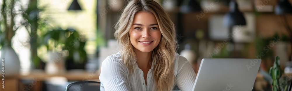 Smiling Professional Woman Working in Modern Office Smiling Professional Woman Working in Modern Office