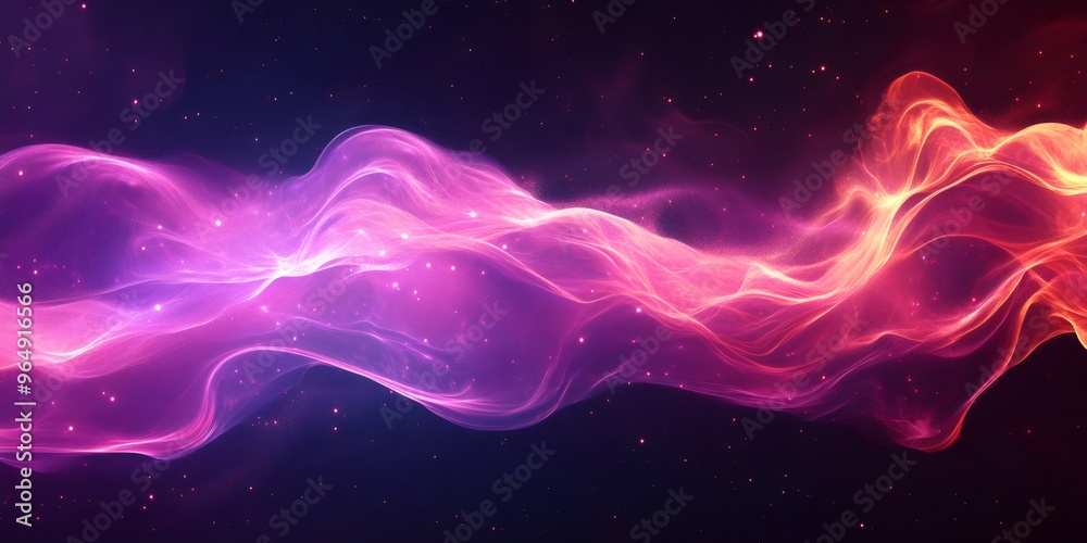 Abstract glowing pink and orange waves with sparkling particles on a dark background. Abstract glowing pink and orange waves with sparkling particles on a dark background.