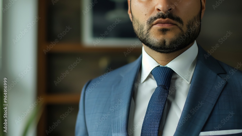 A man with a beard is wearing a blue suit jacket, a white shirt, and a blue tie. A man with a beard is wearing a blue suit jacket, a white shirt, and a blue tie.