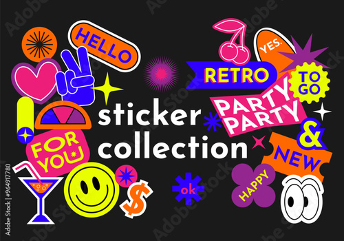 Collection of patches, labels, tags, stickers, stamps for shopping and packaging. Discounts, new collection. Multicolored vector set, fashionable promo labels. Stickers with phrases in retro style.