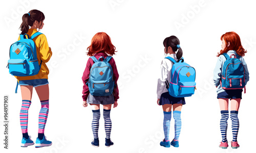 Illustration from behind girls with a blue backpack and striped socks
