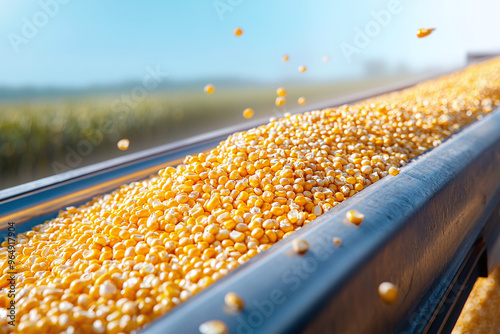 close-up view of golden corn kernels cascading from a large conveyor belt into the cargo hold of a ship photo