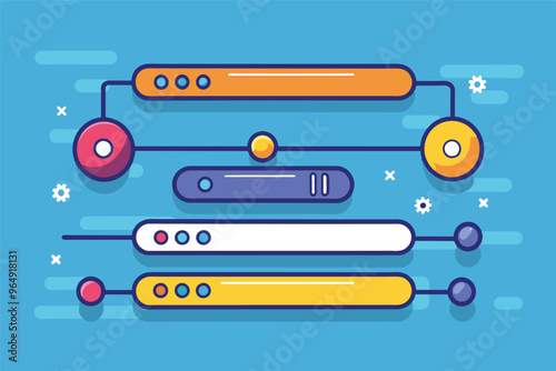 Colorful graphic design featuring audio controls and sliders against a blue background, showcasing modern digital interface elements typically used in multimedia applications