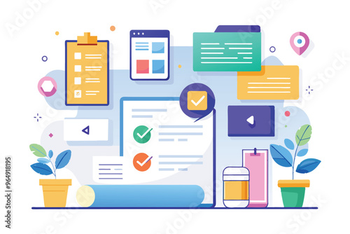 Digital interface illustrating various elements of project management including tasks, notifications, and user profiles displayed in a colorful format with icons and illustrations