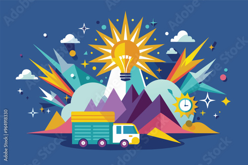 Colorful digital artwork featuring a pencil surrounded by vibrant elements like stars, lightning bolts, and abstract shapes, embodying creativity and imagination