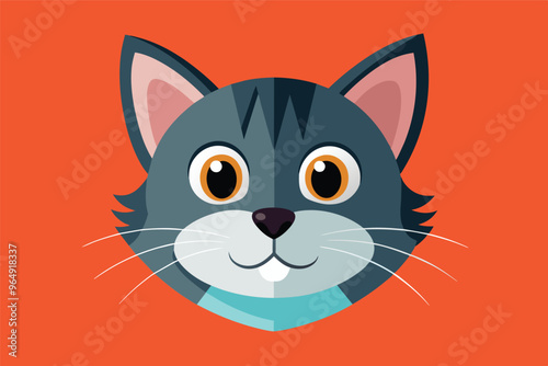 A cheerful cartoon cat head with large expressive eyes and a playful smile, set against a bright turquoise background, conveying a sense of warmth and friendliness