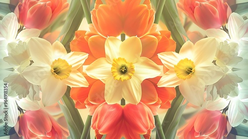 Stunning Design of Tulips and Daffodils in a Symmetrical Floral Pattern with Sunlight Filtering Through the Petals for a Warm and Elegant Floral Background