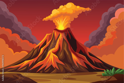 A vibrant volcanic eruption at dusk, showcasing glowing lava flows, ash clouds, and dramatic colors illuminating the evening sky