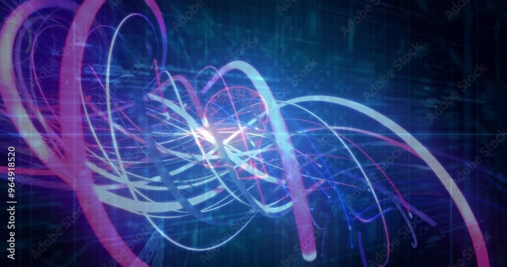 Animation of computer circuit board and data processing over light trails on black background Animation of computer circuit board and data processing over light trails on black background