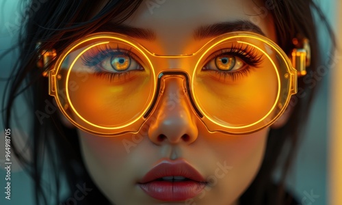 Auréolée de jaune, son visage captive. Ses lunettes semblent sortir d'un film de science-fiction, projetant un éclat surréel. Elle est une vision du futur, mystérieuse et fascinante. photo