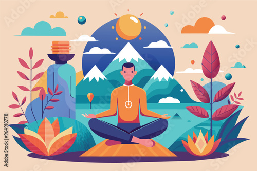 A woman meditates peacefully in a serene garden, surrounded by nature and colorful plants, enjoying the tranquility and beauty of her surroundings