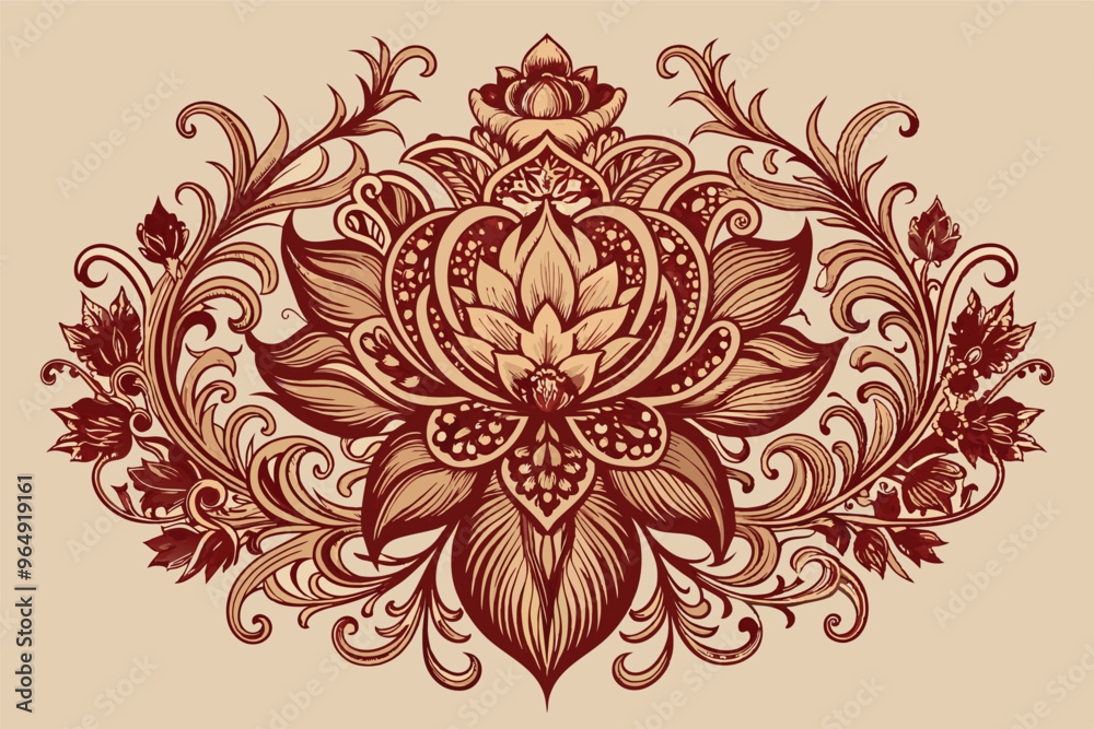Beautiful intricate floral design featuring leaves and a central flower on a warm beige background, ideal for decoration or inspiration in artistic projects Beautiful intricate floral design featuring leaves and a central flower on a warm beige background, ideal for decoration or inspiration in artistic projects