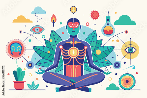 A serene figure sitting cross-legged in a meditative pose surrounded by plants and floating symbols representing wellness, mindfulness, and personal growth