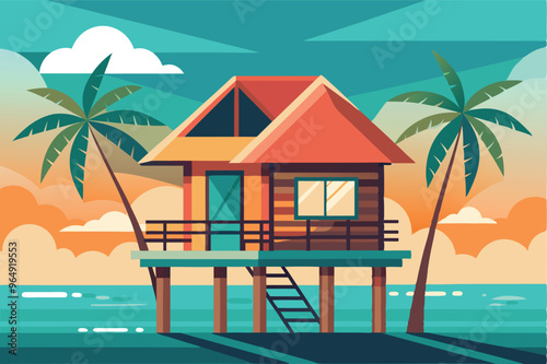 A vibrant, tropical house on stilts by the sea during sunset, surrounded by palm trees and a serene atmosphere inviting relaxation