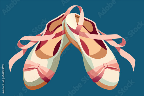 Ballet shoes with ribbons resting on a teal background, showcasing elegant design and craftsmanship in a serene setting