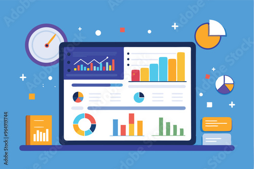 Digital dashboard displaying various charts and graphs illustrating data analysis for business performance in a modern workspace environment