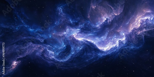 Fototapeta Naklejka Na Ścianę i Meble -  Abstract nebula with swirling clouds of blue, purple, and white gas in a dark blue space with stars.