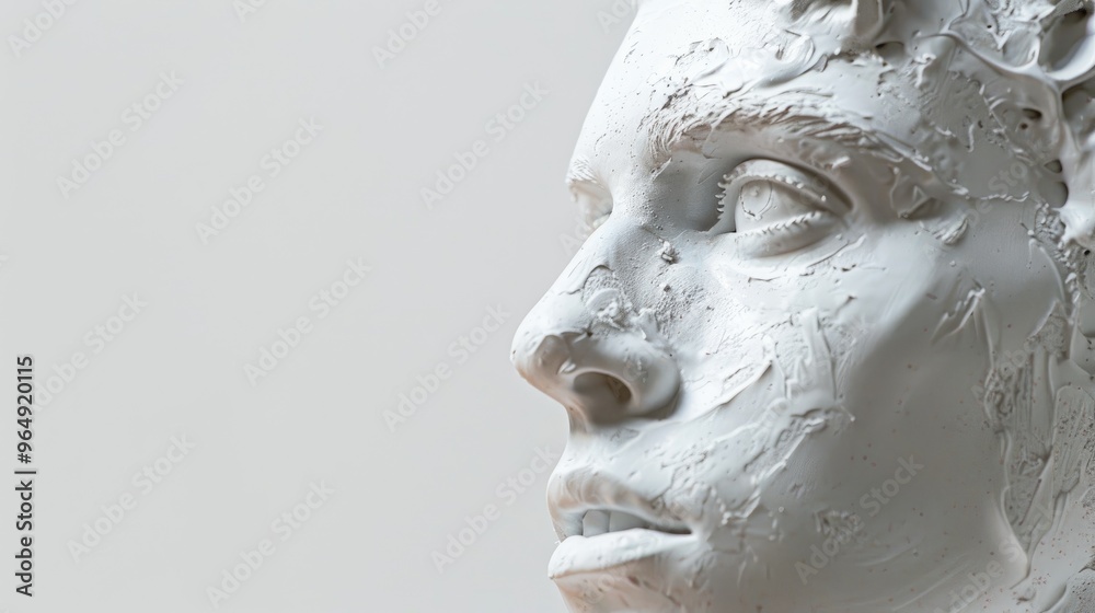 Foamy male head close up on white background blank space