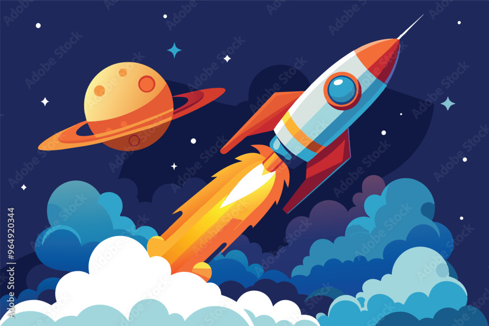 A vibrant rocket launches into space, surrounded by colorful clouds and distant planets during a cosmic exploration at night A vibrant rocket launches into space, surrounded by colorful clouds and distant planets during a cosmic exploration at night