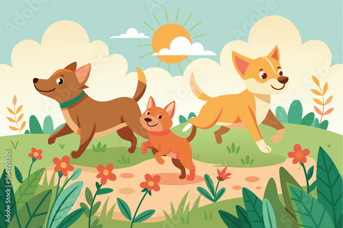 Four playful puppies frolic in a sunny meadow surrounded by colorful flowers and green hills under a clear blue sky