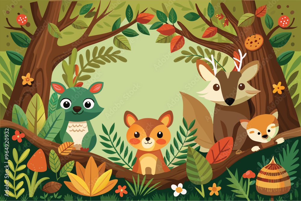 Cute woodland animals, including a deer and a rabbit, surrounded by vibrant foliage in a cartoon-style illustration of a serene forest scene Cute woodland animals, including a deer and a rabbit, surrounded by vibrant foliage in a cartoon-style illustration of a serene forest scene
