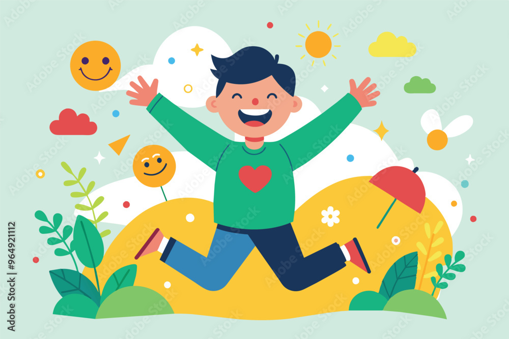 A joyful child jumps with excitement in a colorful illustration surrounded by cheerful elements like sunshine, smiles, and green nature, conveying happiness and playfulness A joyful child jumps with excitement in a colorful illustration surrounded by cheerful elements like sunshine, smiles, and green nature, conveying happiness and playfulness