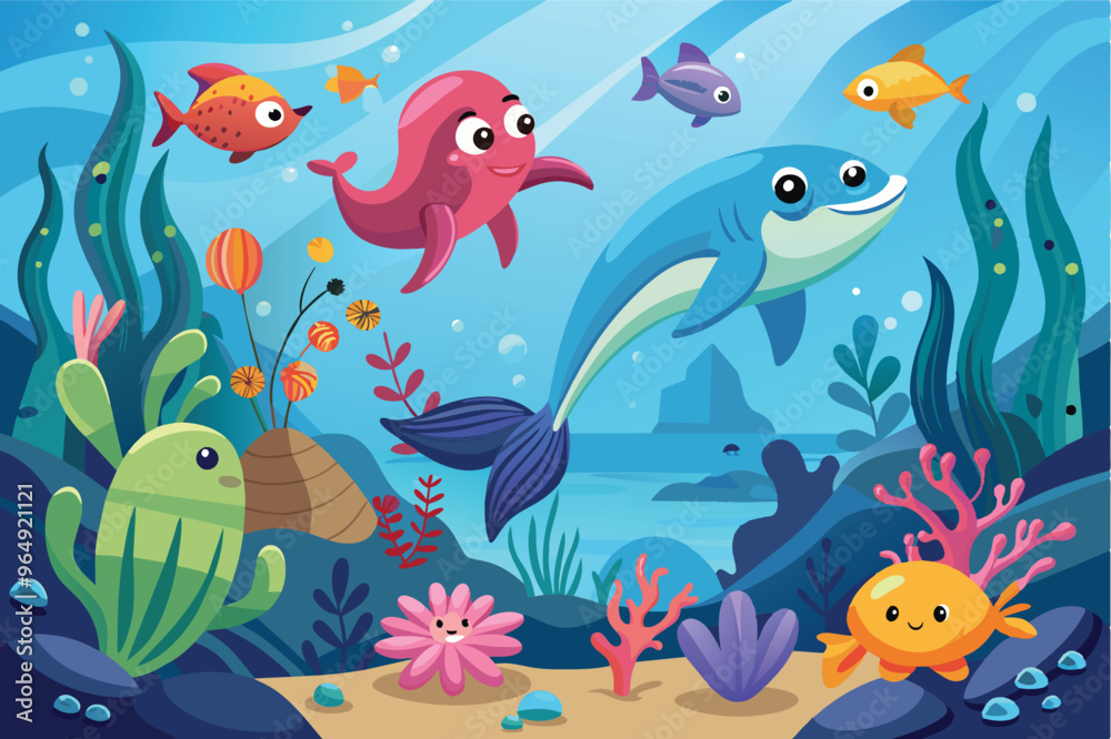 Colorful underwater scene with various sea creatures, including a playful dolphin and a friendly octopus, surrounded by vibrant coral reefs and plants in a bright, sunny ocean Colorful underwater scene with various sea creatures, including a playful dolphin and a friendly octopus, surrounded by vibrant coral reefs and plants in a bright, sunny ocean