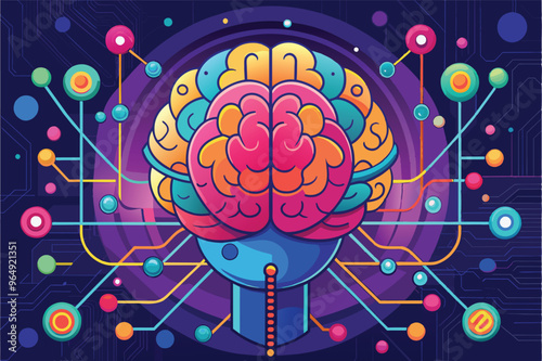 A colorful digital illustration of a brain connected to various technology nodes, symbolizing the fusion of neuroscience and artificial intelligence in a futuristic setting