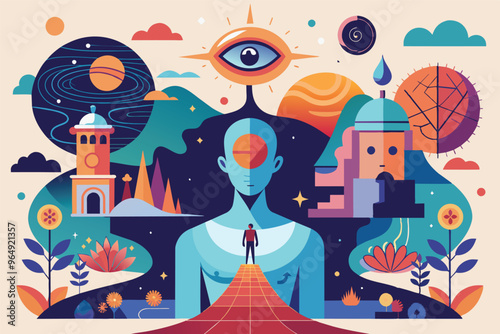 Surreal landscape with a figure representing self-discovery, surrounded by vibrant nature and cosmic elements in an imaginative dreamlike setting