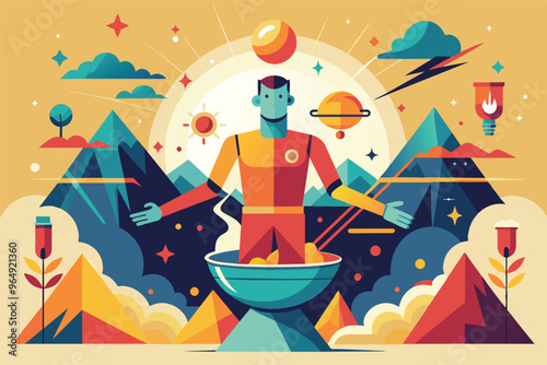 A cosmic figure prepares a vibrant concoction while surrounded by mountains, planets, and a colorful celestial backdrop during a surreal gathering of elements