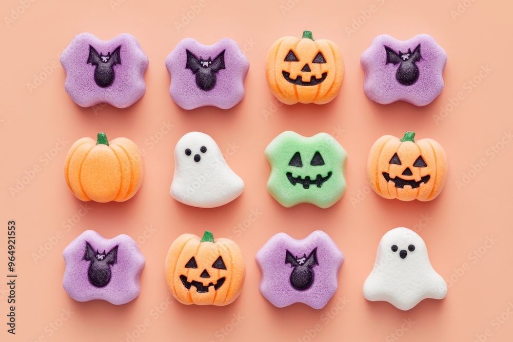 Halloween-themed marshmallows arranged in rows Halloween-themed marshmallows arranged in rows