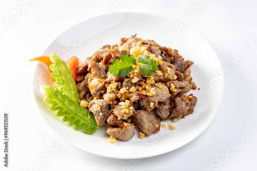 Stir-fried pork with garlic and pepper on white background