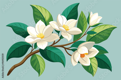 A beautiful illustration of magnolia flowers with vibrant leaves on a soft blue background, showcasing the delicate details and natural beauty in springtime