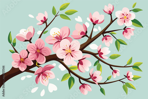 A vibrant spring blossom branch showcases pink flowers and fresh green leaves against a light blue background, highlighting the beauty of nature's renewal during the season of growth