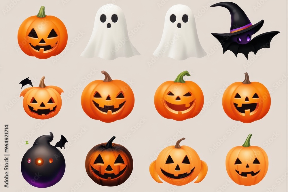 Halloween Pumpkins, Ghosts, and a Bat in a Witch's Hat Halloween Pumpkins, Ghosts, and a Bat in a Witch's Hat