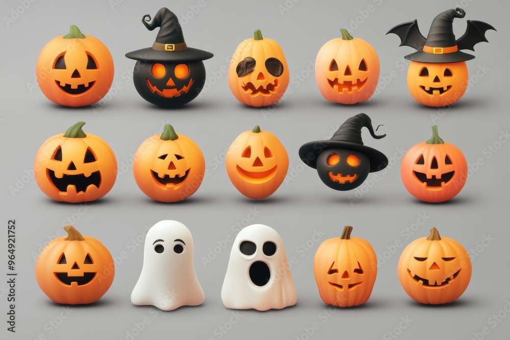 A Collection of Halloween Pumpkins and Ghosts with Various Expressions A Collection of Halloween Pumpkins and Ghosts with Various Expressions
