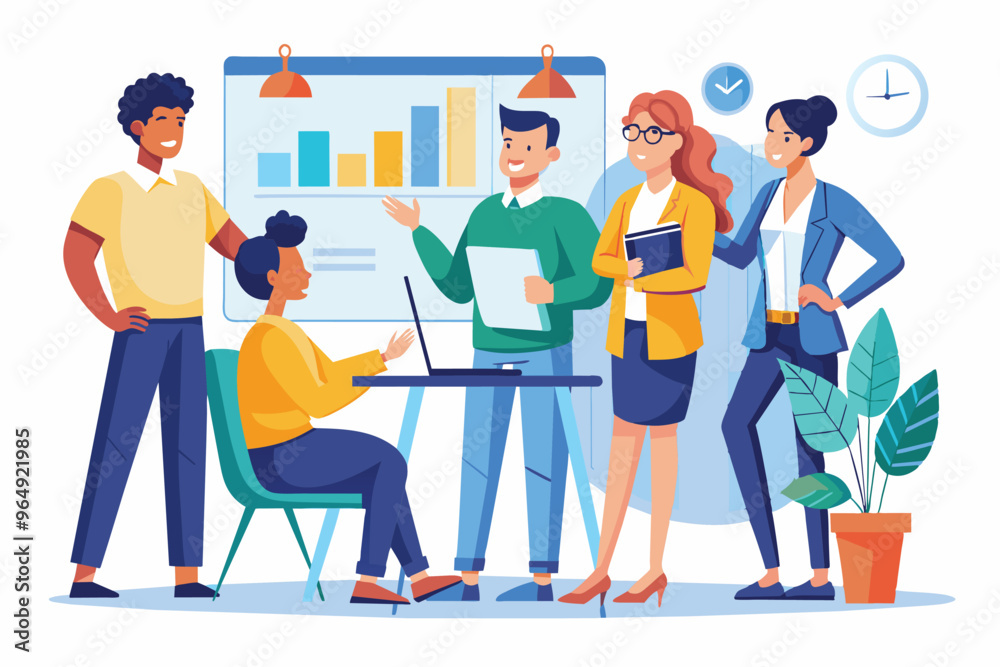 A diverse group of colleagues engaging in a collaborative discussion about data analysis in an office environment A diverse group of colleagues engaging in a collaborative discussion about data analysis in an office environment
