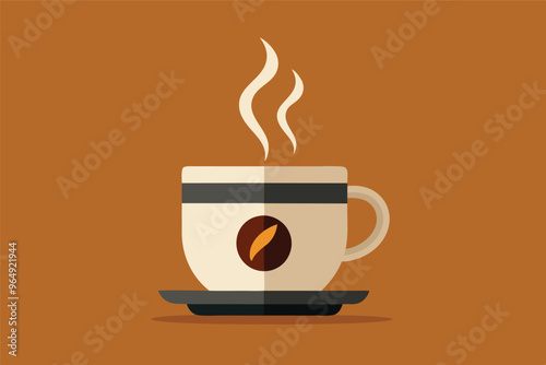 A steaming cup of coffee with a coffee bean symbol on a plate rests against a warm, earthy background, inviting a moment of relaxation and enjoyment