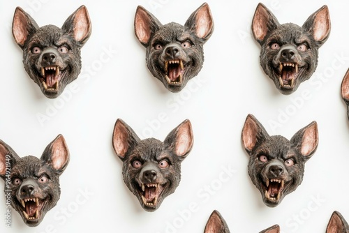 Spooky Halloween Bat Head Decorations on White Background - Unique Halloween decor featuring realistic bat head sculptures, perfect for festive events and marketing.