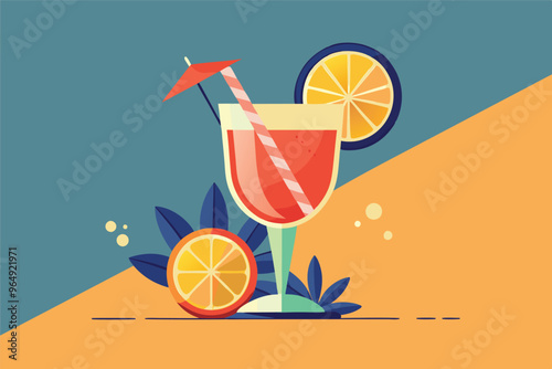 A colorful tropical cocktail garnished with an umbrella and citrus slices sits on a vibrant backdrop, perfect for summer relaxation at the beach or a poolside gathering