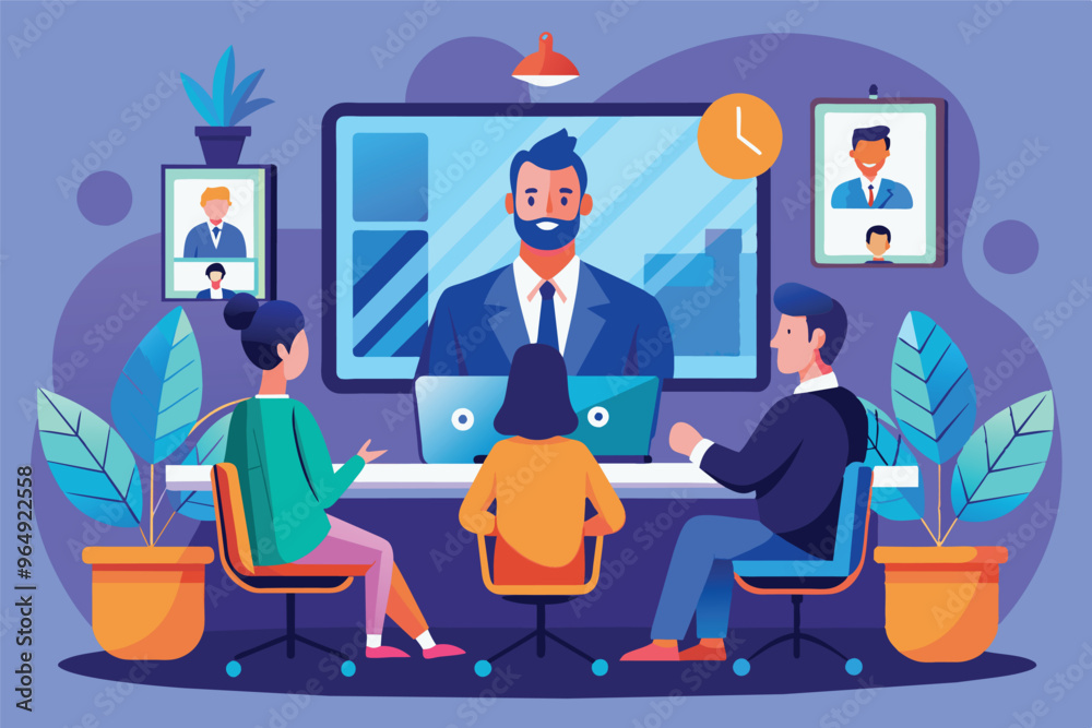 A diverse group of professionals engaged in a virtual meeting with a team leader in a well-decorated office space in the late afternoon A diverse group of professionals engaged in a virtual meeting with a team leader in a well-decorated office space in the late afternoon
